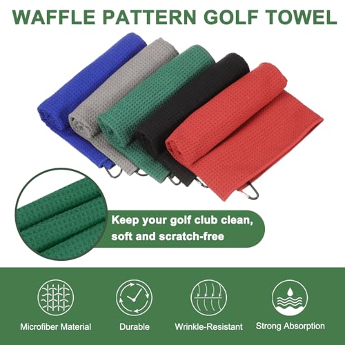 24"x16" Microfiber Golf Handdoek, 3 Pack Tri-Fold Golf Handdoeken Wafelpatroon Handdoeken Absorptie met D-clip, haak en lusbijlage, zwart/grijs/donker groen 3
