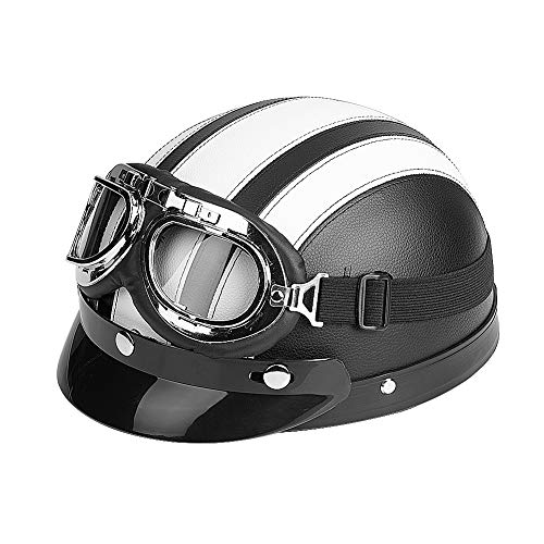 Half Open lederen helm, Half Lederen helm voor Scooter, met UV Visor glazen, Half Open Motorfiets helm Universele Scooter voor Motorfiets(White)