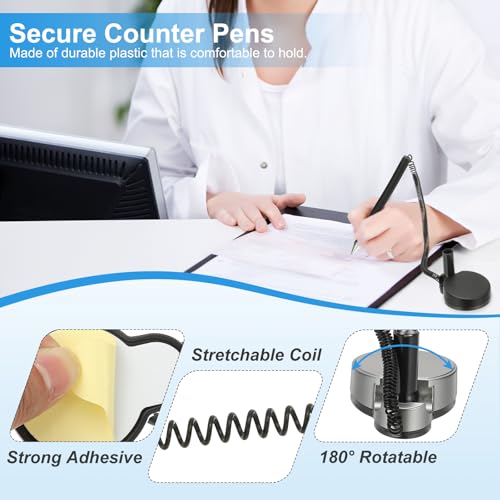 6 stuks veilige pen met zelfklevende ketting en veiligheidspendender, receptie balpennen, desktoppen, zwarte inktvullingen voor bureau, werkplek, kantoor, thuiszorgen, ronde basis 3