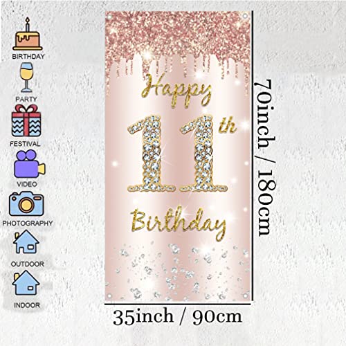 11e verjaardag Decoraties voor meisje, Roseold Stof Tekenposter, Gelukkig 11e verjaardag Muur / Deur Banner 11 jaar Oude partij Levert Foto Achtergrond Welkom Teken, 180cmx90cm