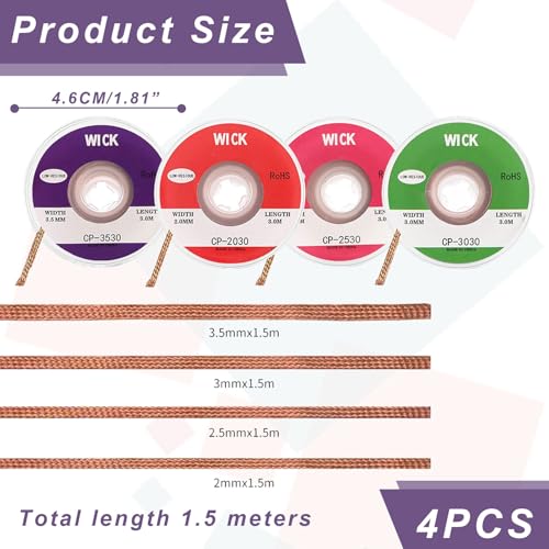 Desoldeersleuven, 4 stuks, soldeerset 2 mm, 2,5 mm, 3 mm, 3,5 mm, koperen desoldeerdraad, geen schone desoldeersleuf, ideaal voor hetsolderen en verwijderen van soldeer uit soldeerpunten
