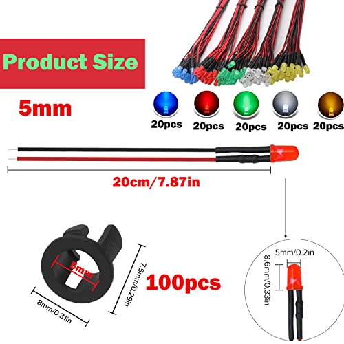 100st 5mm 3V-9V-12V LED diode, LED met kabel 12V, Model Railway H0 Verlichting RC Model Making LED Diodes Light + 100st 5mm LED Montage Ringen Plastic (rood, geel, groen, wit
