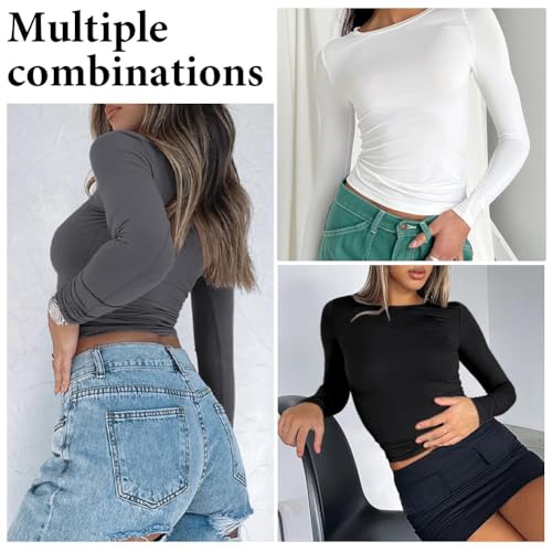 Vrouwen Basic T-Shirt, Long Sleeve Crop Top, Deep Crew Neck, Slim Fit, esthetische straat dragen, Basic T-Shirt, Long Sleeve Crop Top
