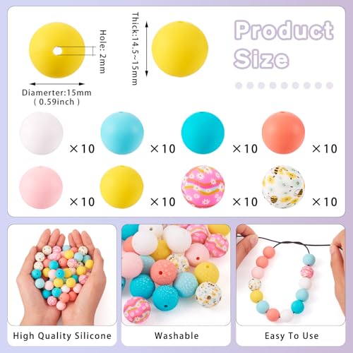 80 stuks Ronde Siliconen kralen Rubber Focal Kleurrijke Kralen Bloem Gedrukte Gumball Losse Spacer 15mm kralen voor sieraden ketting kralen Pen sleutelhanger oorbellen Lanyard armband ambachtelijk 5