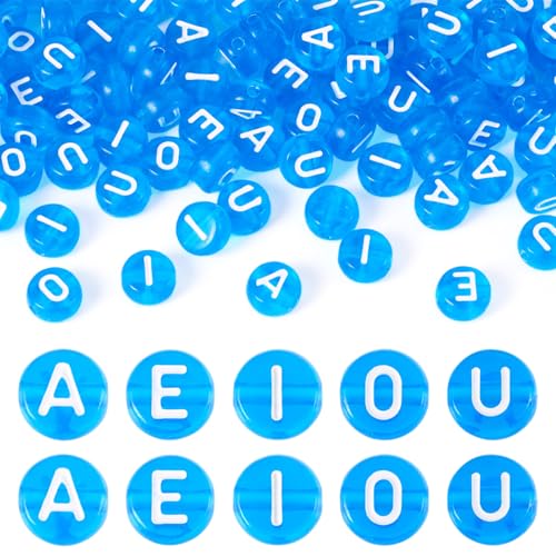 100Stuks Acryl Letter Kralen 7mm Transparante Platte Ronde Schijf Klinker Alfabet Pony Kralen 1.6mm Gat voor DIY armband ketting sieraden ambachten maken, Blauw