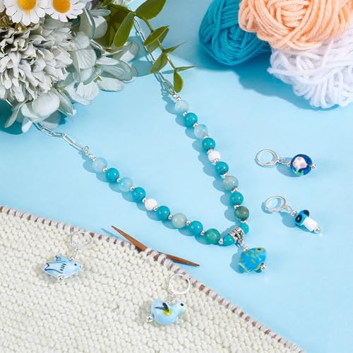 5Stuks 5 Styles Porselein Stitch Markers, Blue Series Breien Sloting Hook Stitch Markering met Leverback oorbellen voor het breien haak Quilting sieraden maken 4