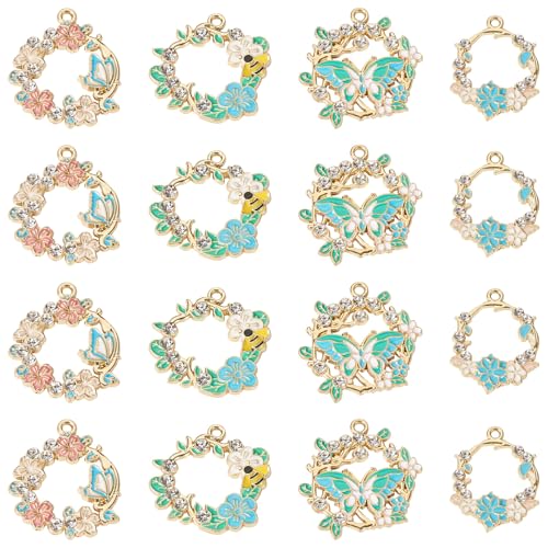 16 st Flower Rhinestone Emaill Hangers Garland Emaill Dangle Charms Gold Wreath Charm voor DIY oorbellen Ketting sieraden maken, Rhinestone Emaill Rhinestone, Rhinestone Emaill Rhinestone