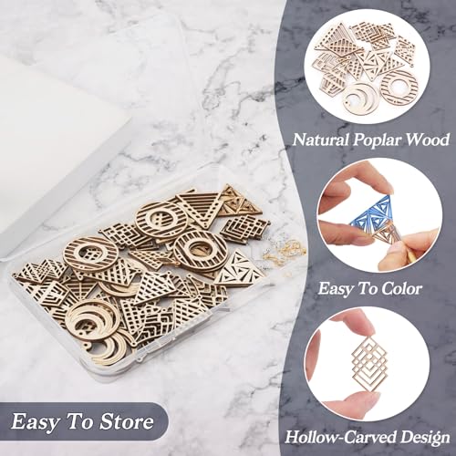 48st Natuurlijke Houten Filigree Dangle oorbel Hout Blanco Geometrie Driehoek Rhombus Platte ronde houten hangers voor Boho oorbel sieraden maken 4