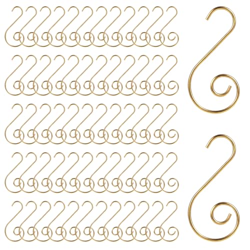 100st Kerst Hooks, Kersthaakjes voor ornamenten met opbergdoosje Kleine metalen draad haken voor opknoping Kerstboom decoraties Festival decoraties (Goud)