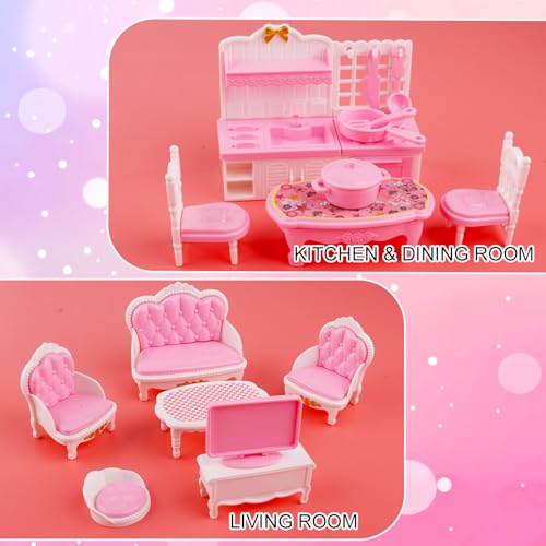 32 st. Miniatuur Poppenhuis Meubilair Accessoires Set, schaal 1:12 Mini Huis Meubilair Cadeau Kleine slaapkamer Woonkamer Badkamer Keuken Mini Scene Role Speelgoed voor kinderen meisjes (Roze) 3