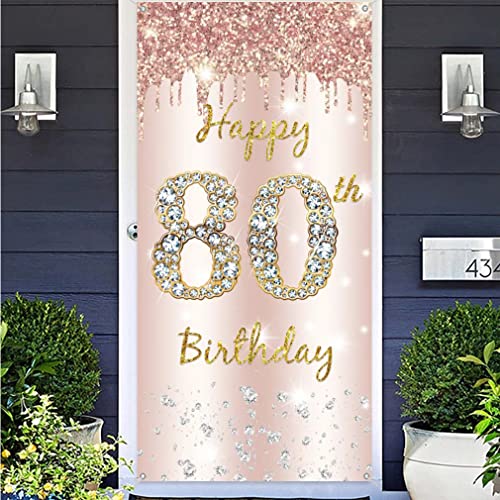80th Birthday Decoration - Gelukkige Verjaardag Deur Banner Rose Gold, Stof Tekenposter, Achtergrond Banner voor Vrouwen, Verjaardagsfeest Welkom Sign 4