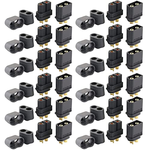 XT-60H Plug, Pack van 24, 12 Pairs XT-60 Plugs, XT-60H Batterijpluggen voor RC Lipo Batterij, Helikopter Quadcopter (12pcs XT-60H Plug + 12Pcs XT-60H Jack) Zwart