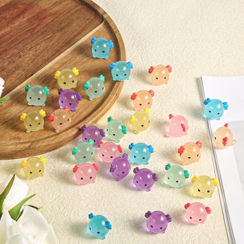 48st Mini Resin Axolotl Miniatuur Figurine, Glow in The Dark Tiny Animal Cijfers Kleine Lichtgevende Charme Ornament voor DIY Craft Garden Landscape Dollhouse Cake Party Decoratie (6 kleuren) 3