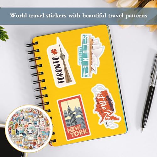 World Travel Stickers, 100 stuks Stickers Vakantie koffer Stickers Beroemde symbolen Bezienswaardigheden Reizen Stickers Waterdichte Vintage Travel Sticker Set voor koffer, auto, fiets, laptop, helm 5