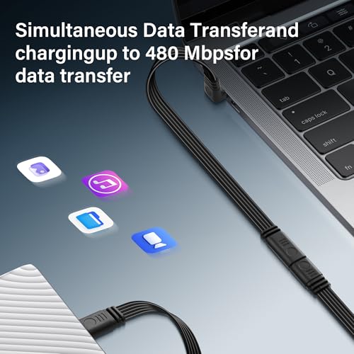90° Hoek USB-C Extension Cable, Type C, Flat Silicone Cable, USB-C Data Cable, Plug to Bus Efficiënt laden en gegevensoverdracht voor externe SSD, mobiele telefoons en laptops