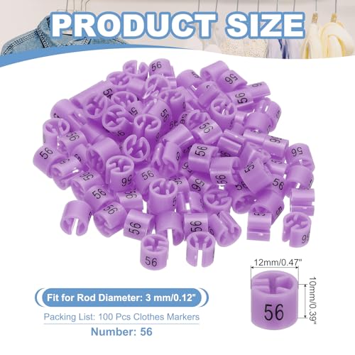 100st coat hanger markers nummer 56 tags fit 3mm staaf kledingstuk size tag hanger clips ronde kleur codering label voor kleding hangers, paars roze