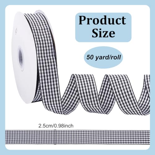 45,72 m lange Gingham linten, 2,5 cm zwart wit geruite linten met tartan patroon, decoratieband voor knutselen, geschenkverpakkingen, haartakten, doe-het-zelf knutselen, verjaardagsfeest
