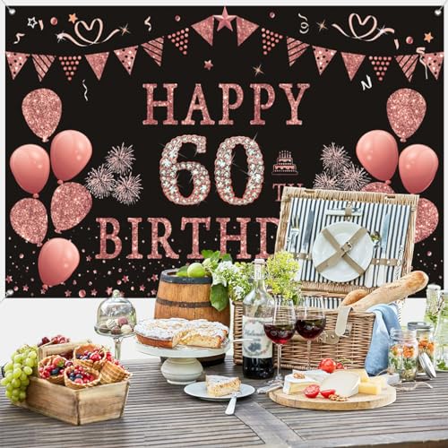 60e verjaardag decoratie voor vrouwen, roze glitter vlekken stof teken poster verjaardag feest decoratie, 60e verjaardag achtergrond banner vrouw, 60e verjaardag feest decoratie 4