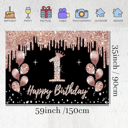 1e verjaardag decoratie voor meisjes, feest decoratie zwart en rose goud, 1e verjaardag stof teken opknoping poster, 1e verjaardag achtergrond banner partij welkom teken