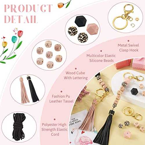 54 Stuks Leopard patroon Siliconen ronde veelhoekige kralen Mam Mam Mam brieven houten kubus kralen met lederen Tassel sleutelhangers clasps voor DIY moeder's dag 4
