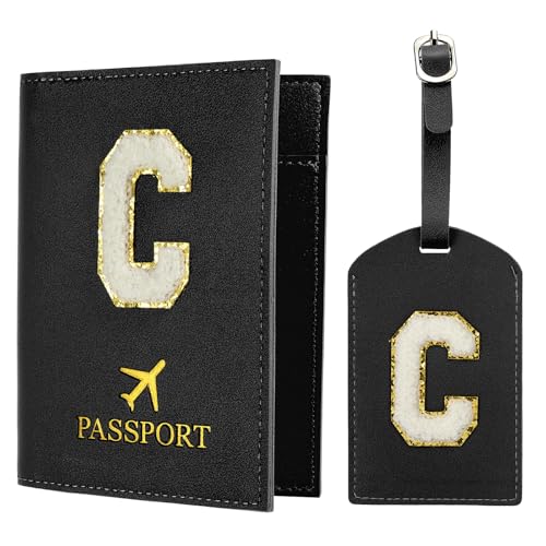 Reispaspoort houder eerste paspoort dekking en bagage tag Set met Alfabet Chenille brief Patch, Black, c