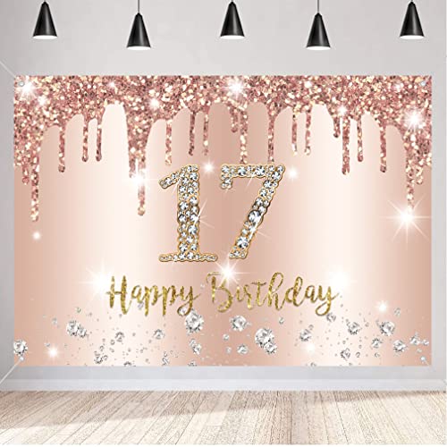 17e verjaardag meisje decoratie - Banner Rose Gold, Stof Tekenposter, Achtergrond Banner voor verjaardag partij