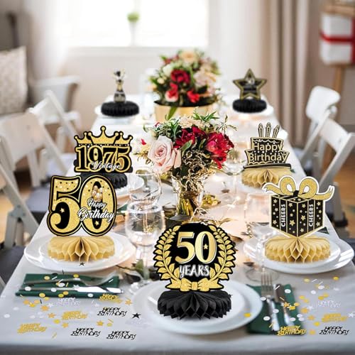 Pak van 9 verjaardag decoratie 50 jaar honingraat confetti goud zwart vintage stijl geschenk voor 50 jaar feest 4