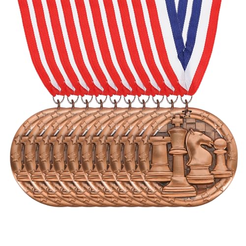 Schaaktoernooi Star Bronze Award Medailles met rode en witte en blauwe linten, 10 stuks Winnaar Medailles Gold Silver Bronze Awards voor de competitie Sport Party, Rood