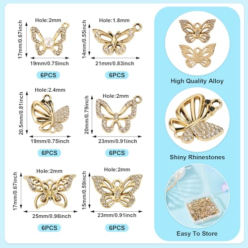 36 stuks legende strass vlinder hangers gouden vlinder bengelen bedels sprankelende strass insect hanger voor doe-het-zelf ketting oorbel sieraden maken, Stras 4