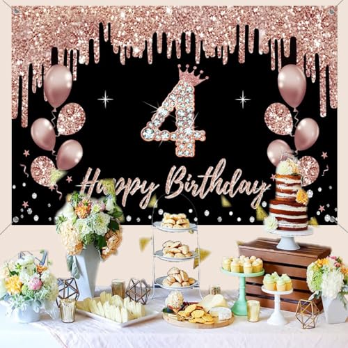 4e verjaardag decoratie voor meisjes, feest decoratie zwart en roos goud, 4e verjaardag stof teken opknoping poster, 4e verjaardag achtergrond banner partij welkom teken 5
