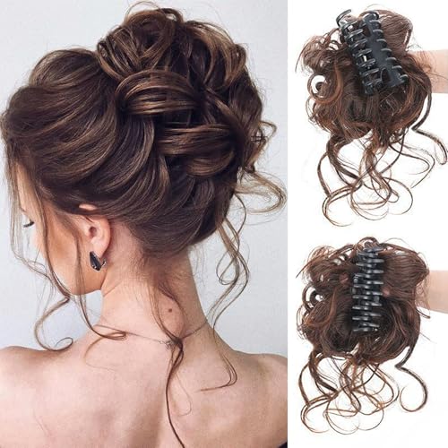1 Stuk Elastische haren Elastisch Donkerbruin haarstuk Clip Volume krullend synthetisch Mesy Bun Clip Curly Mesy Bun kapsel voor vrouwen meisjes