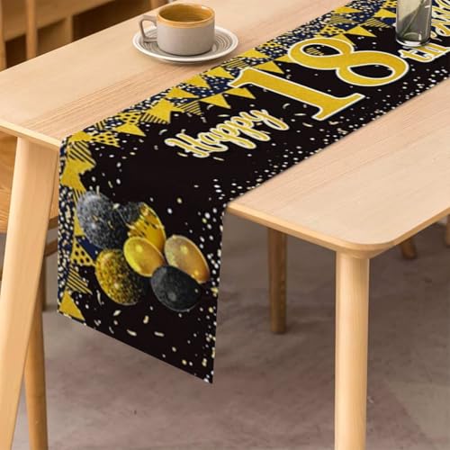 Gelukkige 18e Verjaardag tafelloper 18e verjaardag jongeren inrichting keuken ettafel inrichting tafelband verjaardagsfeest tafelkleed inrichting voor thuis, zwart en goud