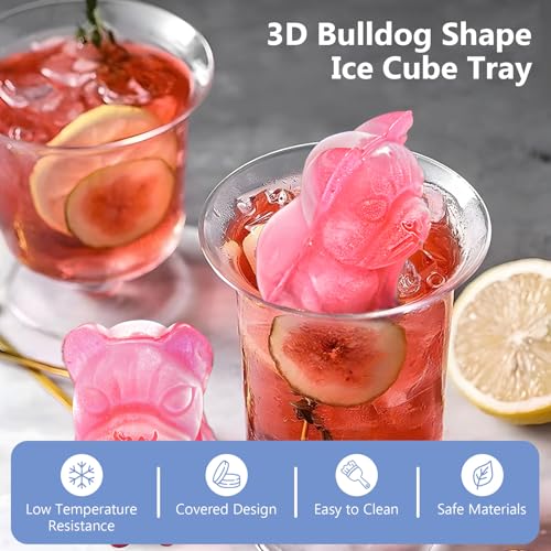 3D Bulldog vorm ijs kubus tray, leuke herbruikbare siliconen ijs kubus tray met deksel Eenvoudig vrij te geven schattig dier ijs doos maken 4 stuks ijsballen voor Whisky Cocktails sap Bourbon