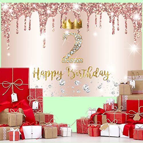 2e verjaardag meisje decoratie, tweede verjaardag Banner Rose Gold, gelukkig 2 verjaardag stof sign poster, 2e verjaardag achtergrond Banner meisje verjaardag partij decoratie met kroon element 5