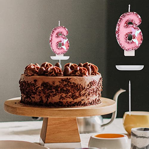 7,5cm Verjaardagsnummer Kaars, Glitter Roze Aantal Kaarsen Cake Topper Vlinder Verjaardag Kaarsen met pailletten voor verjaardag Feestartikelen (Nummer 6) 4