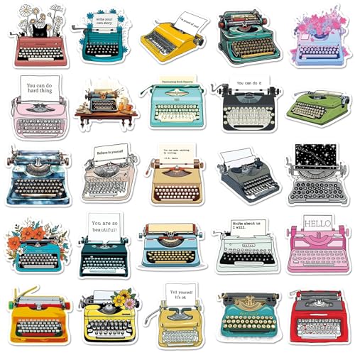 Typeschrijver Stickers voor tieners en volwassenen, 50 stuks, Retro Typewriter, Waterdichte Vinyl Sticker Set, Auto, Motorfiets, Fiets, Skateboard, Snowboard, Bagage, Laptop, Koffer, Helm, Motorfiets