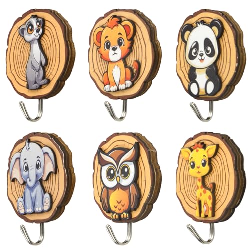Pack van 6 kinderkamer kleren haken self-Adhesive houten handdoek houder dierlijke vorm muur haken zonder boren voor rugzakken, sleutels, hoeden, jasjes, gebruikt