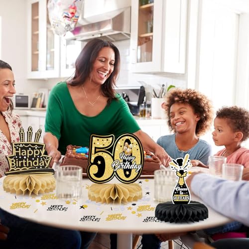 Pak van 9 verjaardag decoratie 50 jaar honingraat confetti goud zwart vintage stijl geschenk voor 50 jaar feest 5