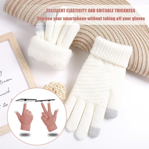 2 Paren Women's Winter Thermische Gebreide Handschoenen Vrouwen Winter Touchscreen Handschoenen Winter SMS Handschoenen Elastische Manchet Non-Slip Handschoenen (Wit, Roze), Wit, Roze,, Wit, Roze 5