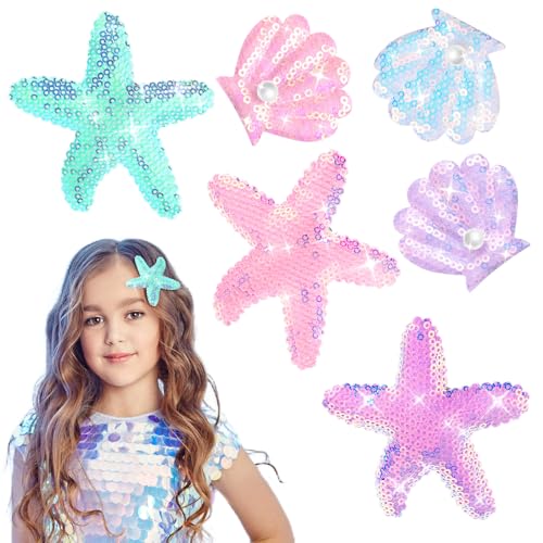 Verpakking van 6 zeesterren Shell Hair Accessoires, Glitter Sequins Hair Clips Headgear, Star Pearl Headwear Hair Clip Accessoires Sequins Hairpins voor vrouwen en meisjes