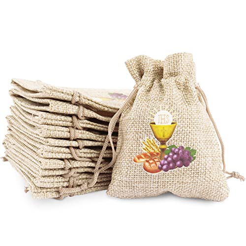 Pak van 24 Bonbonniere Tassen voor Communie Kinderen Jute Tassen Treat Bags Cadeau Decoratie voor Partij, Eerste Communie, Bevestiging, Doop, 8 x 10 cm