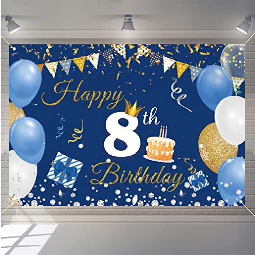8e verjaardag decoraties voor jongen/meisje, 8 jaar oude achtergrond Banner Stof Tekenposter, Gelukkig 8e verjaardag partij levert Blue Photography Achtergrond Welkom Teken, 150cmx90cm