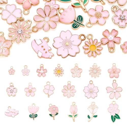 19 Styles Flower Shape Emaill hangers Tulip Sakura Flower Charms Roze Cute Petal Dangle Zoek voor DIY handgemaakte oorbellen ketting armband sieraden maken, Legering staal, Legering staal