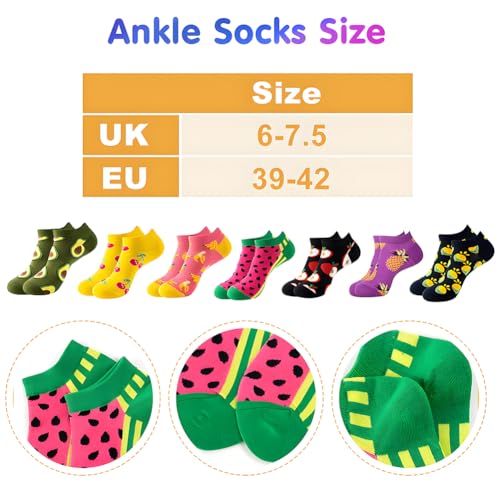 Vrouwen Enkelsokken, 7 paar Grappige Sokken met Wekelijks Fruitpatroon, Comfortabele Katoenen Sokken voor Vrouwen, 39-42 Yards in Multiple Packs, Kleur, 39-42 EU, kleur, 39-42 3