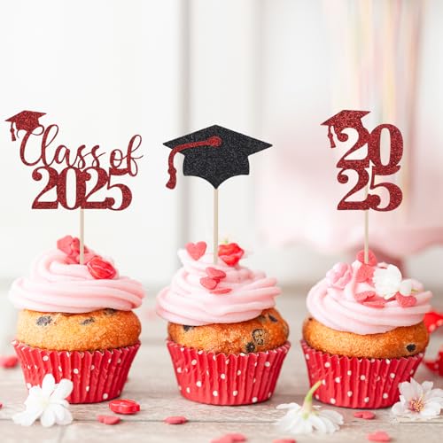 24st 2025 Graduation Cupcake Toppers, Glitter Gefeliciteerd Klas van 2025 Grad Cap Diploma Cupcake Picks 6 Styles Graduation Thema Cake Decoraties Foto Props Partij Supplies (rood/zwart) 3
