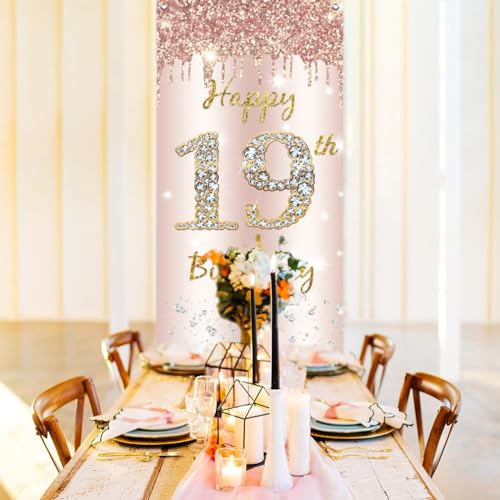19e verjaardag meisje decoratie, deur decoratie rozengoud, stof tekenen 19e verjaardag door hangen poster, 19e verjaardag achtergrond Banner Party welkom tekenen 4