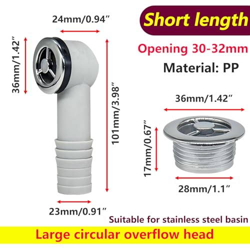 1 st Overloopbuizen, overloopbuizen met overloopkop, Dia 36mm overloopkop, voor roestvrijstalen wasbakken, ronde interface