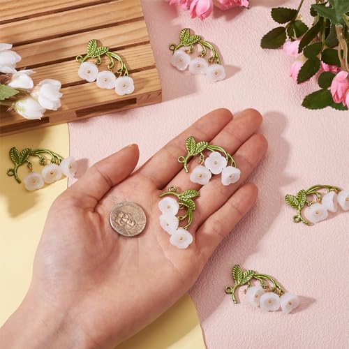 10 st. Lily van de vallei glazen connector charmes met groen legering blad wit bloem bengelen charms klokken bloem voor DIY ketting oorbellen sieraden maken, Glas, Glas 5
