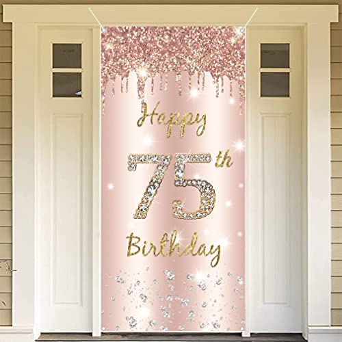 75e verjaardag decoraties voor vrouwen, Gelukkig 75e verjaardag achtergrond banner rose goud stof teken poster, 75 jaar oud partij levert deur banner foto achtergrond welkom teken