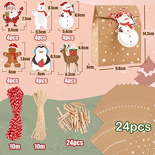 Verpakking van 24 kerstcadeauzakken gemaakt van kraftpapier met basis, geschenkzakken met houten clips en koord, papieren zakken voor kerstcadeauverpakking etc.